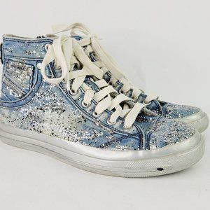 Diesel Exposure IV Womens Sz 7 High Tops Blue Denim Glitter Shoes Sneakers